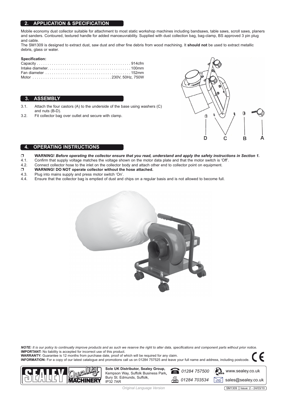 Application & specification, Assembly, Operating instructions | Sealey SM1309 User Manual | Page 2 / 2