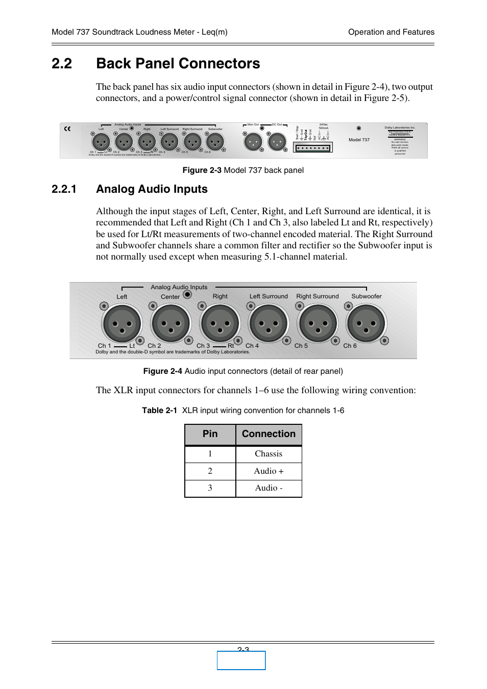 2 back panel connectors, 1 analog audio inputs, Back panel connectors -3 | Analog audio inputs, Pin connection, 1chassis 2 audio + 3 audio, Main | Dolby Laboratories 737 User Manual | Page 10 / 35