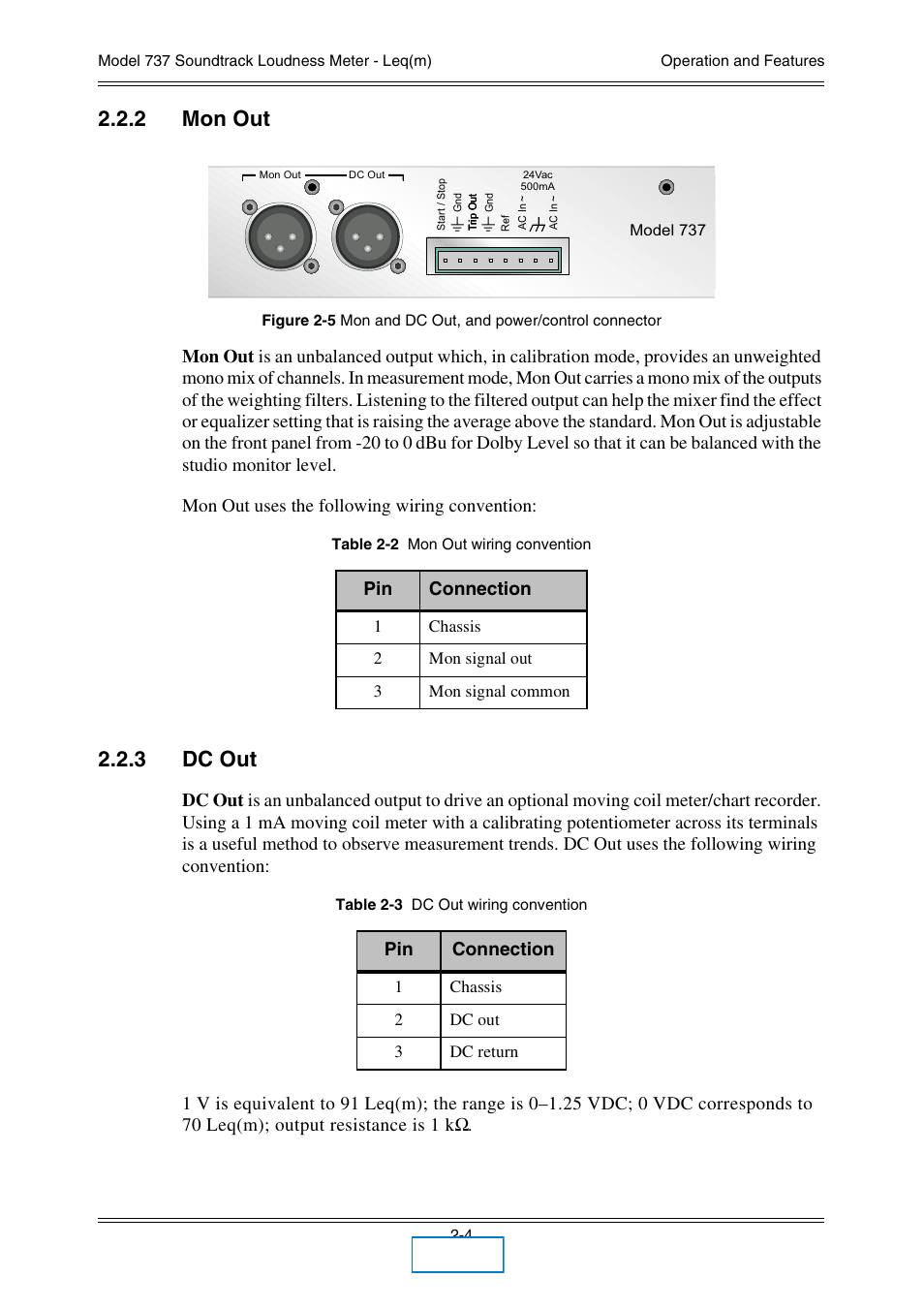 2 mon out, 3 dc out, Mon out | Dc out, Pin connection | Dolby Laboratories 737 User Manual | Page 11 / 35