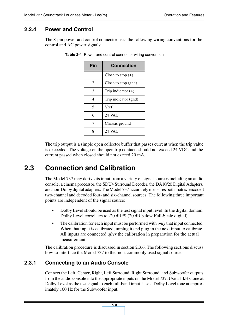 4 power and control, 3 connection and calibration, 1 connecting to an audio console | Power and control, Connection and calibration -5, Connecting to an audio console | Dolby Laboratories 737 User Manual | Page 12 / 35