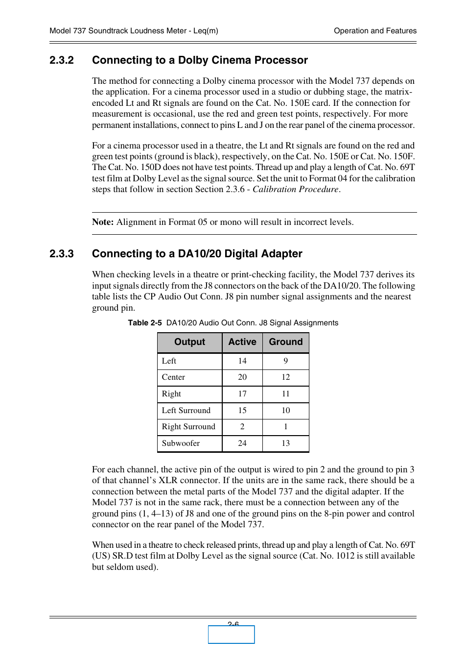 2 connecting to a dolby cinema processor, 3 connecting to a da10/20 digital adapter, Connecting to a dolby cinema processor | Connecting to a da10/20 digital adapter | Dolby Laboratories 737 User Manual | Page 13 / 35