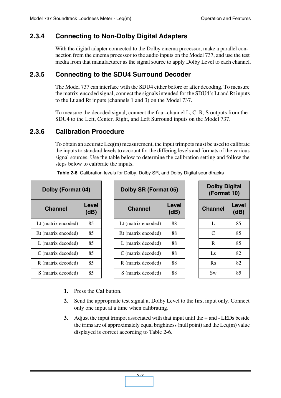 4 connecting to non-dolby digital adapters, 5 connecting to the sdu4 surround decoder, 6 calibration procedure | Connecting to non-dolby digital adapters, Connecting to the sdu4 surround decoder, Calibration procedure | Dolby Laboratories 737 User Manual | Page 14 / 35