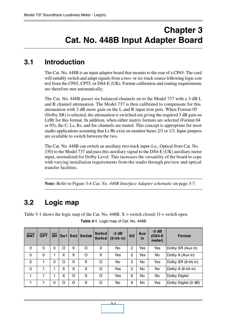 Chapter 3 cat. no. 448b input adapter board, 1 introduction, 2 logic map | Chapter 3, Cat. no. 448b input adapter board, Introduction -1, Logic map -1 | Dolby Laboratories 737 User Manual | Page 19 / 35