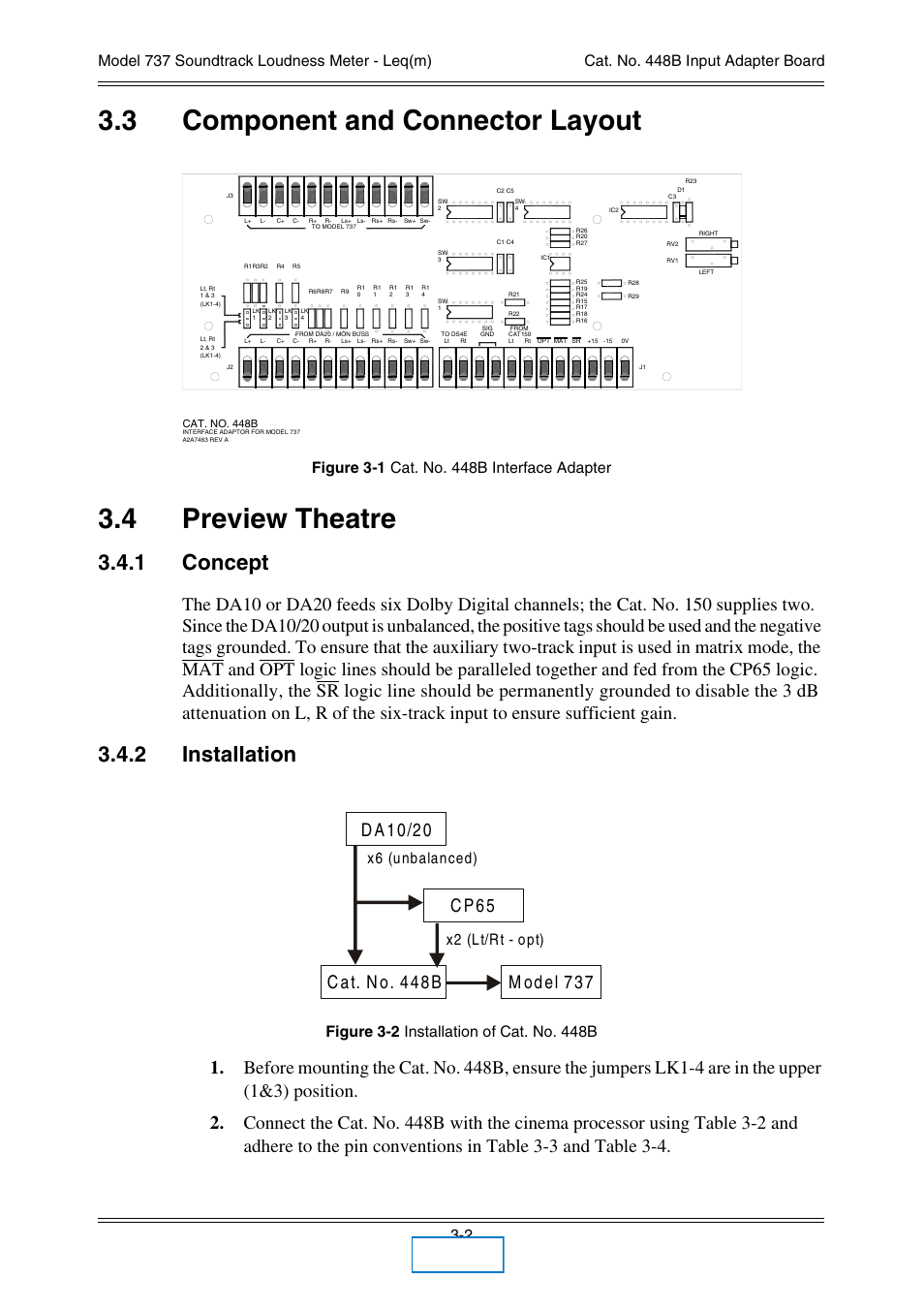 3 component and connector layout, 4 preview theatre, 1 concept | 2 installation, Component and connector layout -2, Preview theatre -2, Concept, Installation, M od e l 7 3 7, Main | Dolby Laboratories 737 User Manual | Page 20 / 35