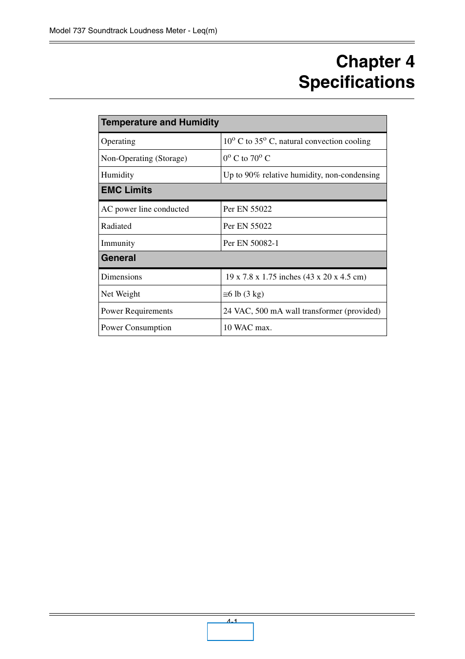 Chapter 4 specifications, Chapter 4, Specifications | Dolby Laboratories 737 User Manual | Page 26 / 35