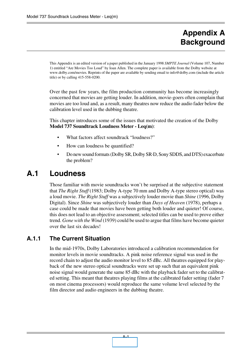 Appendix a background, A.1 loudness, A.1.1 the current situation | Dolby Laboratories 737 User Manual | Page 27 / 35