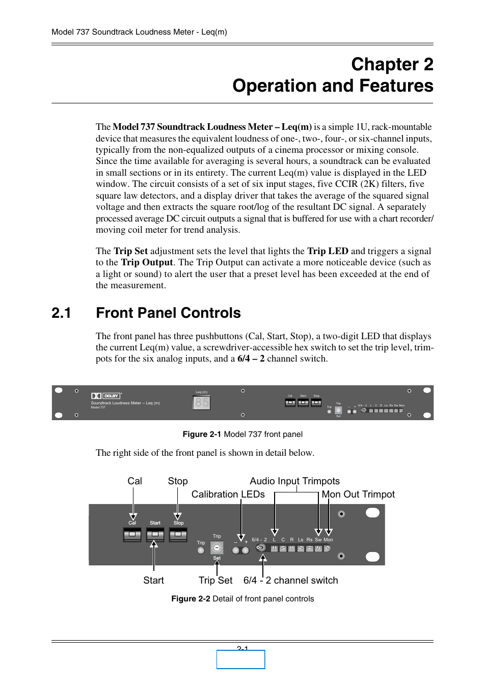 Chapter 2 operation and features, 1 front panel controls, Chapter 2 | Operation and features, Front panel controls -1, Main, Figure 2-2 detail of front panel controls | Dolby Laboratories 737 User Manual | Page 8 / 35