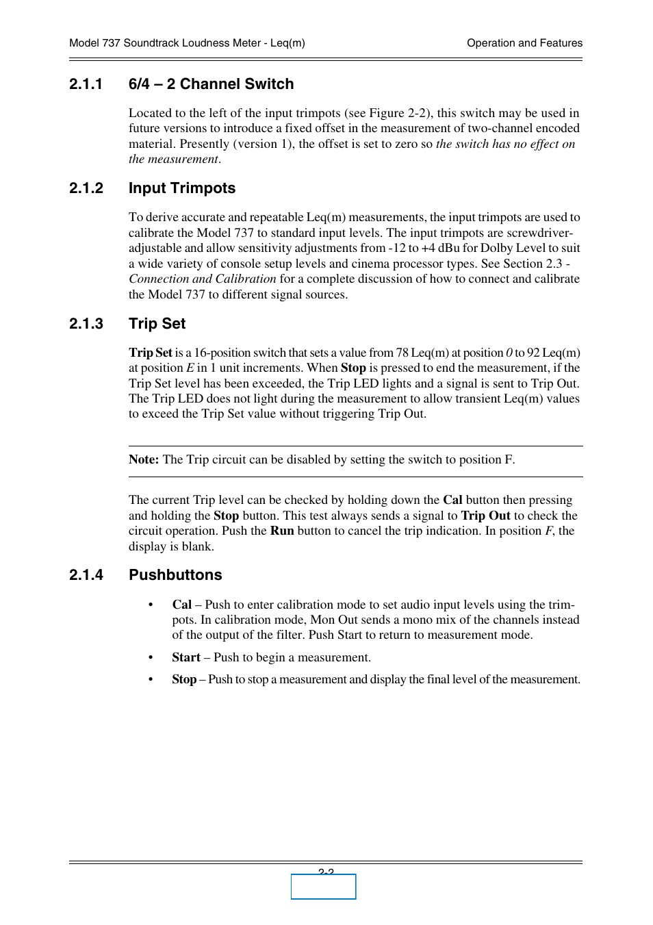 1 6/4 – 2 channel switch, 2 input trimpots, 3 trip set | 4 pushbuttons, 6/4 – 2 channel switch, Input trimpots, Trip set, Pushbuttons | Dolby Laboratories 737 User Manual | Page 9 / 35