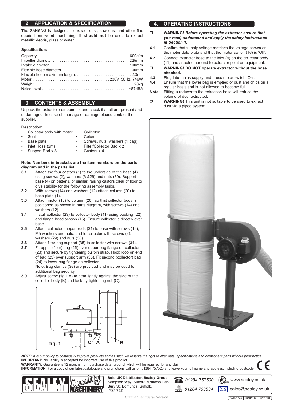 Application & specification, Contents & assembly, Operating instructions | Fig. 1 | Sealey SM46 User Manual | Page 2 / 2