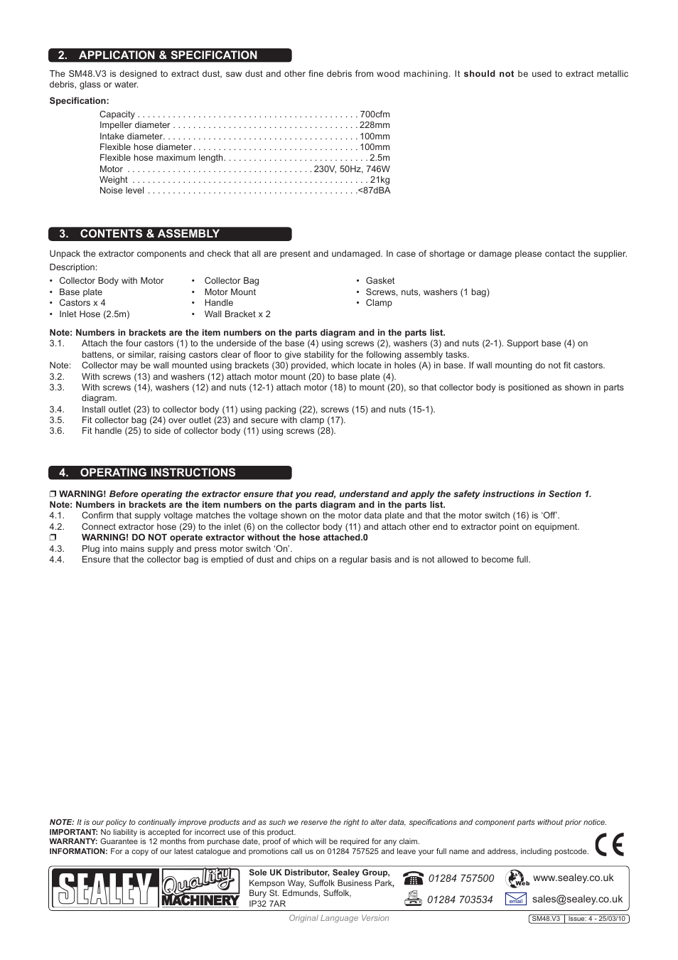 Application & specification, Contents & assembly, Operating instructions | Sealey SM48 User Manual | Page 2 / 3