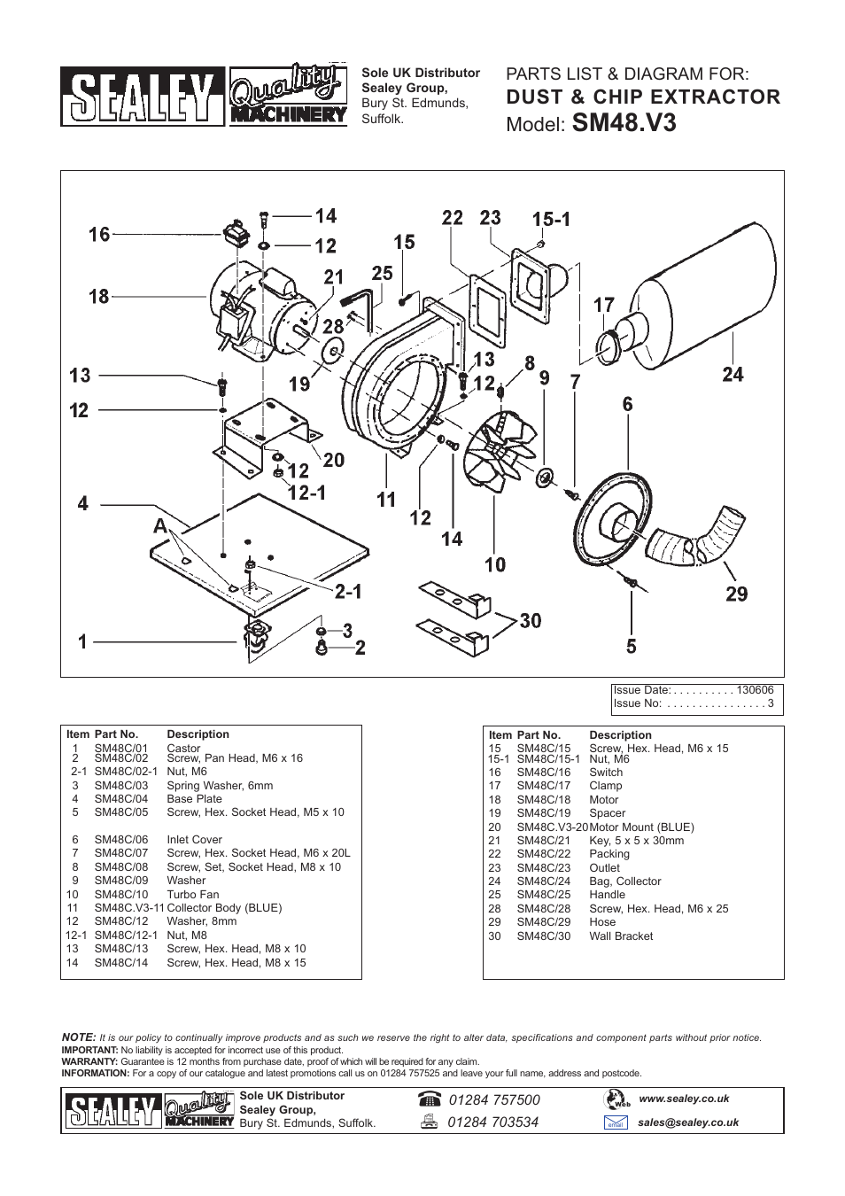 Sm48.v3, Dust & chip extractor model, Parts list & diagram for | Sealey SM48 User Manual | Page 3 / 3