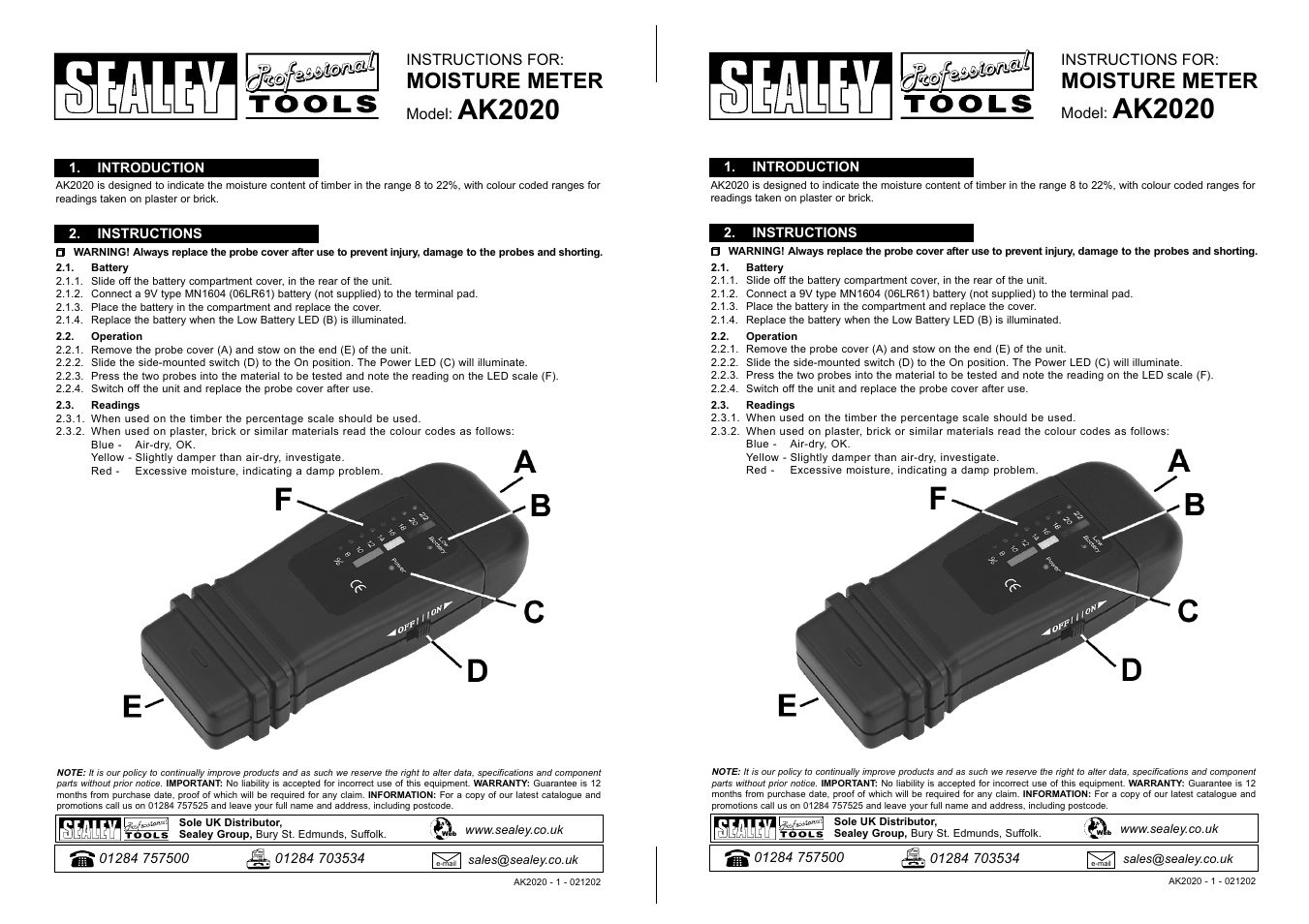 Sealey AK2020 User Manual | 1 page