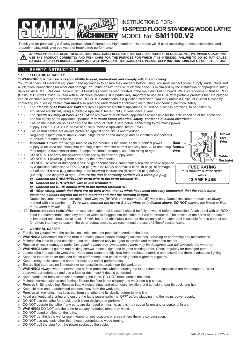 Sealey SM1100 User Manual | 4 pages