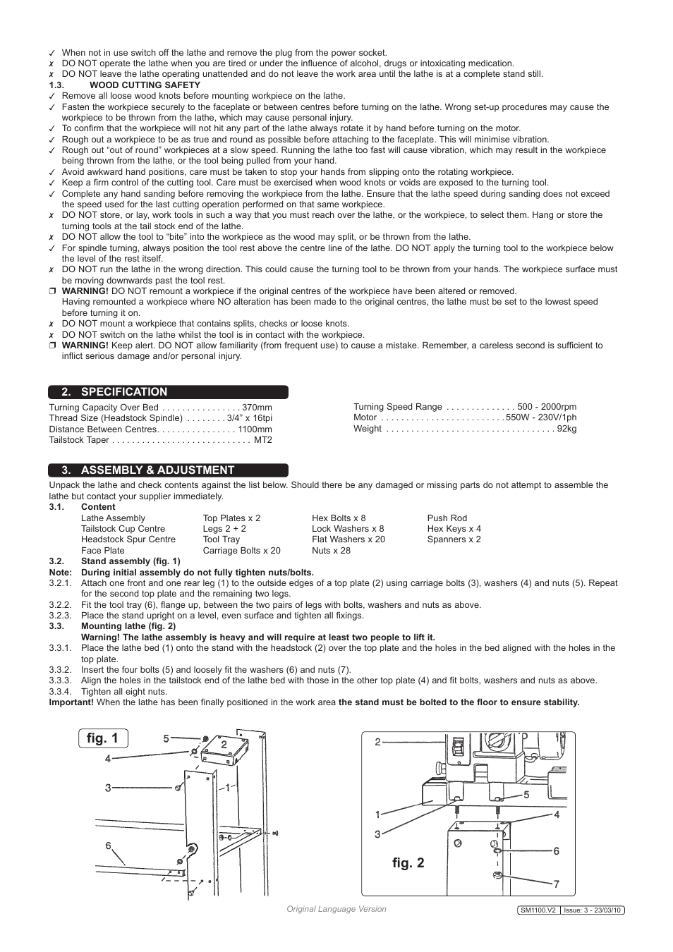 Fig. 1 fig. 2, Specification 3. assembly & adjustment | Sealey SM1100 User Manual | Page 2 / 4