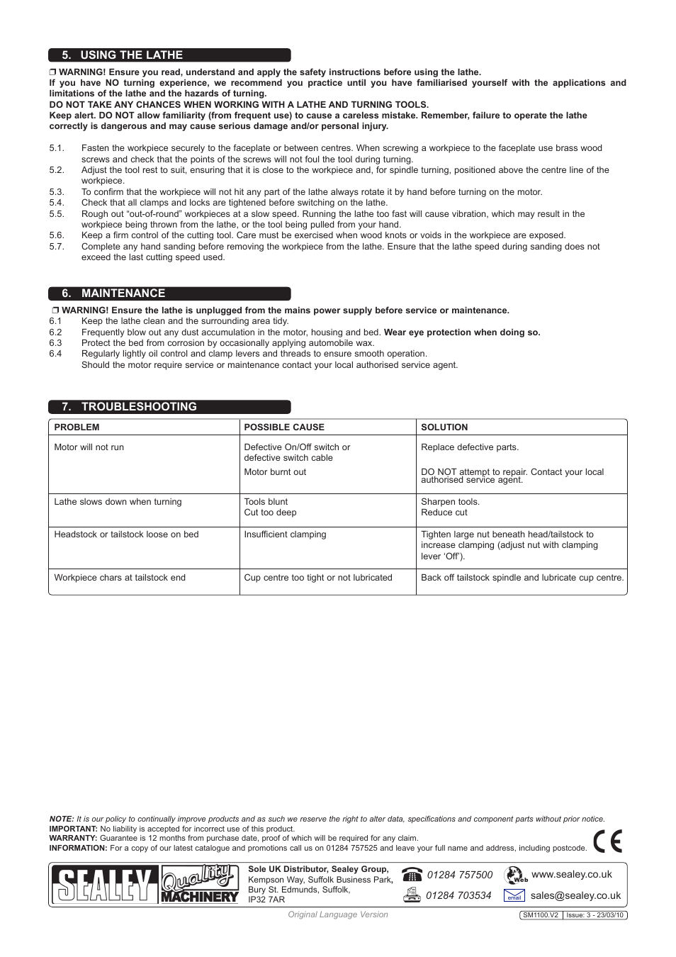 Troubleshooting 6. maintenance, Using the lathe | Sealey SM1100 User Manual | Page 4 / 4