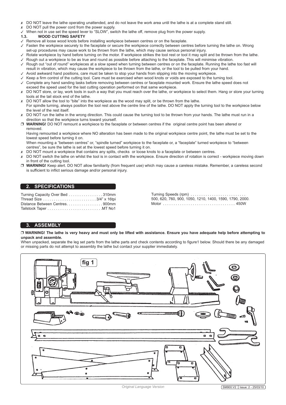 Fig 1, Specifications, Assembly | Sealey SM900 User Manual | Page 2 / 5