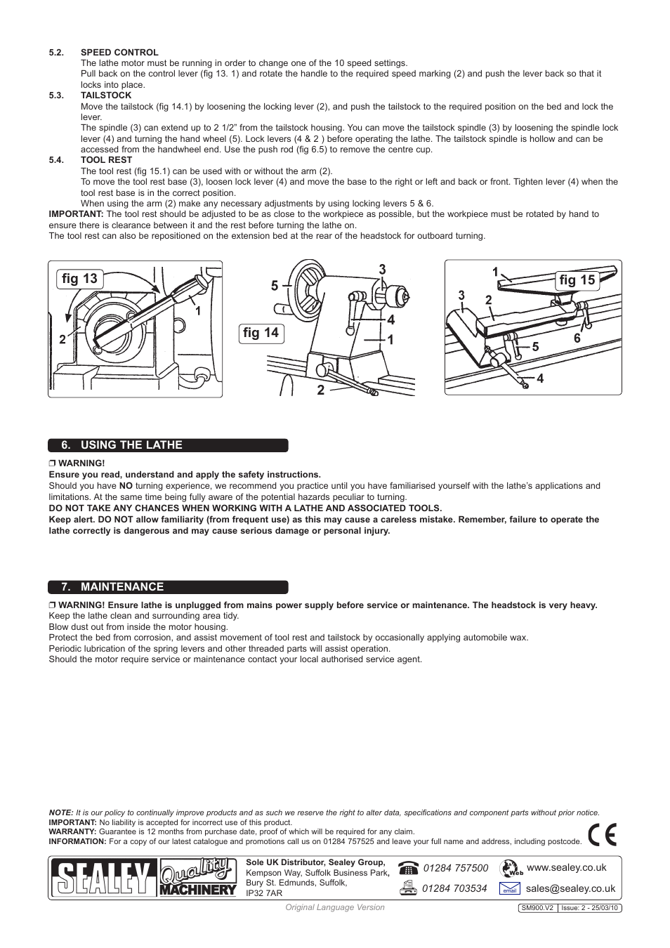 Maintenance, Using the lathe | Sealey SM900 User Manual | Page 5 / 5