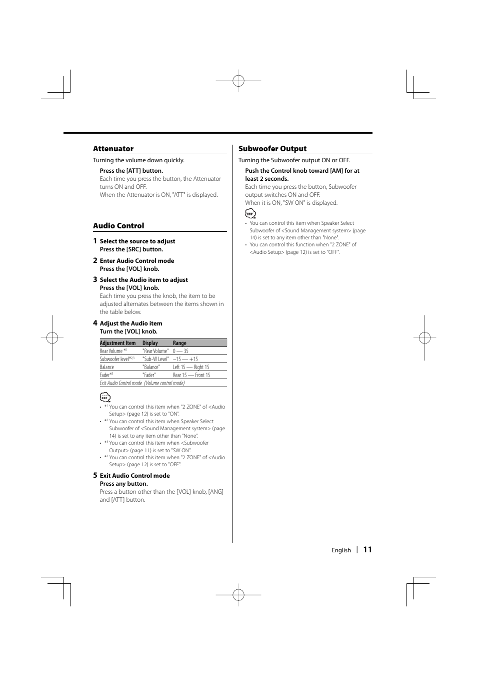 Attenuator, Audio control 1, Subwoofer output | Dolby Laboratories KDC-W8534 User Manual | Page 11 / 60