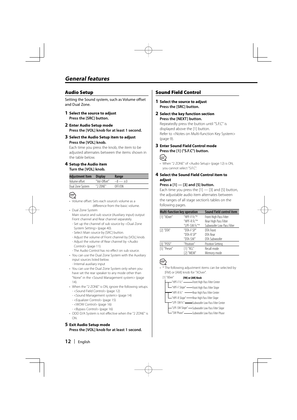 General features, Audio setup, Sound field control 1 | Dolby Laboratories KDC-W8534 User Manual | Page 12 / 60