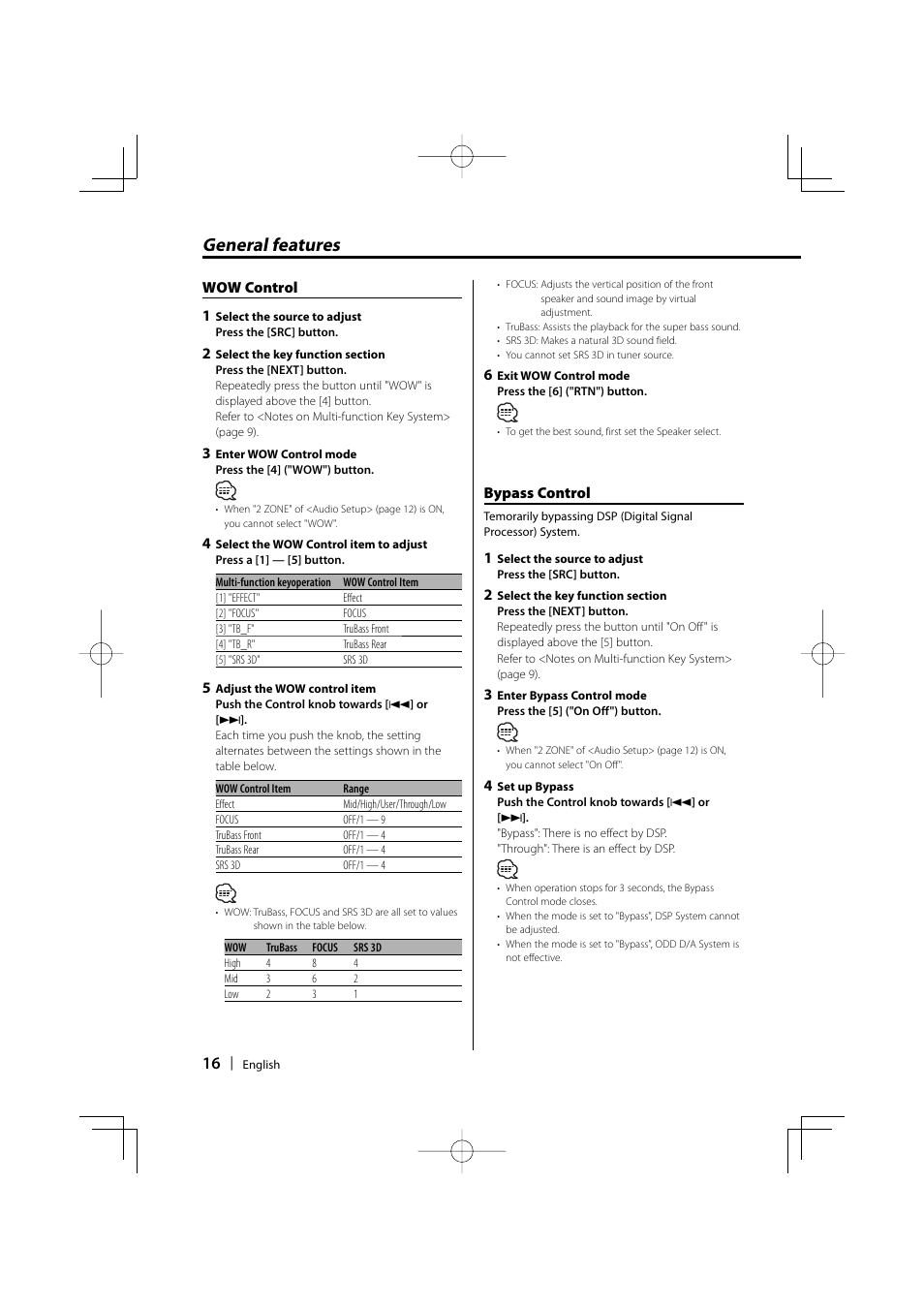 General features, Wow control 1, Bypass control | Dolby Laboratories KDC-W8534 User Manual | Page 16 / 60