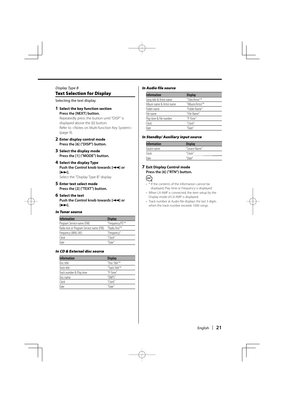 Text selection for display | Dolby Laboratories KDC-W8534 User Manual | Page 21 / 60