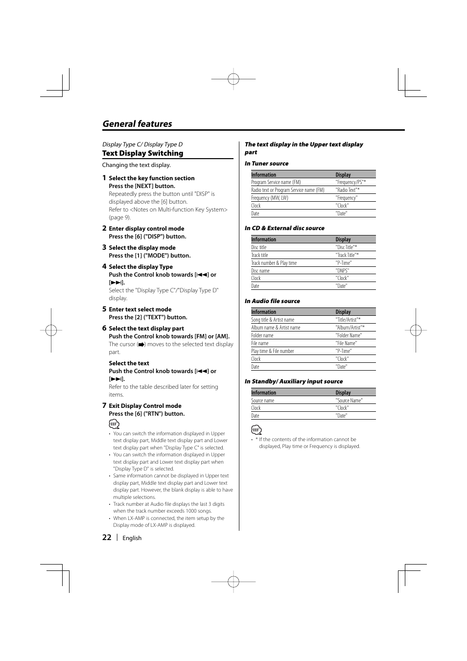 General features, Text display switching | Dolby Laboratories KDC-W8534 User Manual | Page 22 / 60