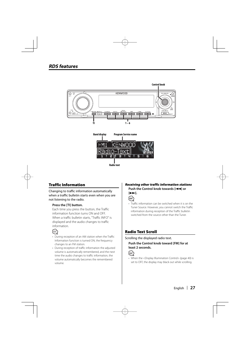 Rds features, Traffic information, Radio text scroll | Dolby Laboratories KDC-W8534 User Manual | Page 27 / 60