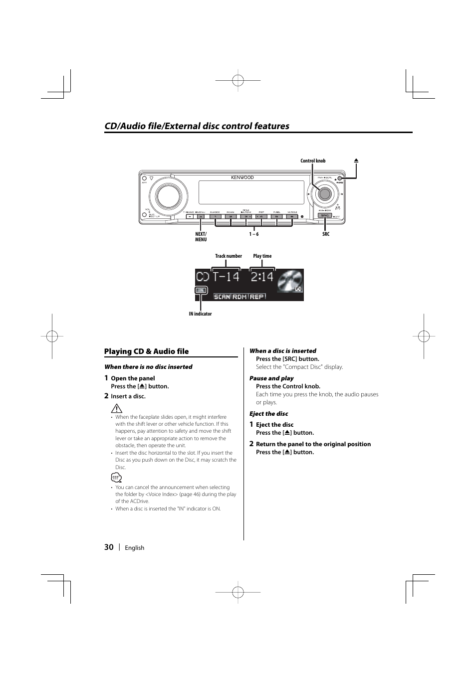 Cd/audio file/external disc control features | Dolby Laboratories KDC-W8534 User Manual | Page 30 / 60