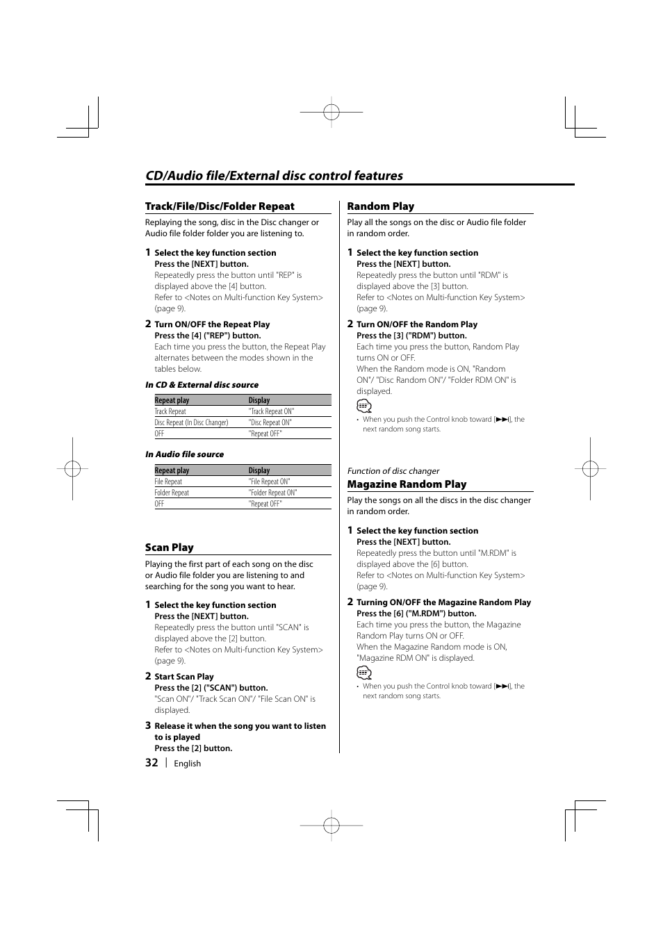 Cd/audio file/external disc control features | Dolby Laboratories KDC-W8534 User Manual | Page 32 / 60