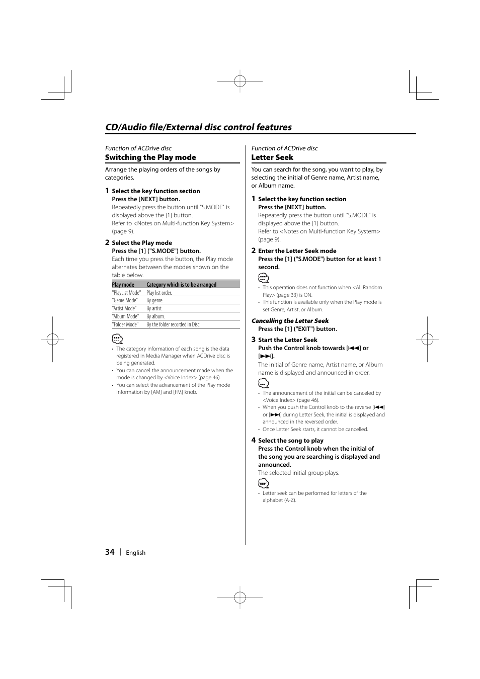 Cd/audio file/external disc control features | Dolby Laboratories KDC-W8534 User Manual | Page 34 / 60