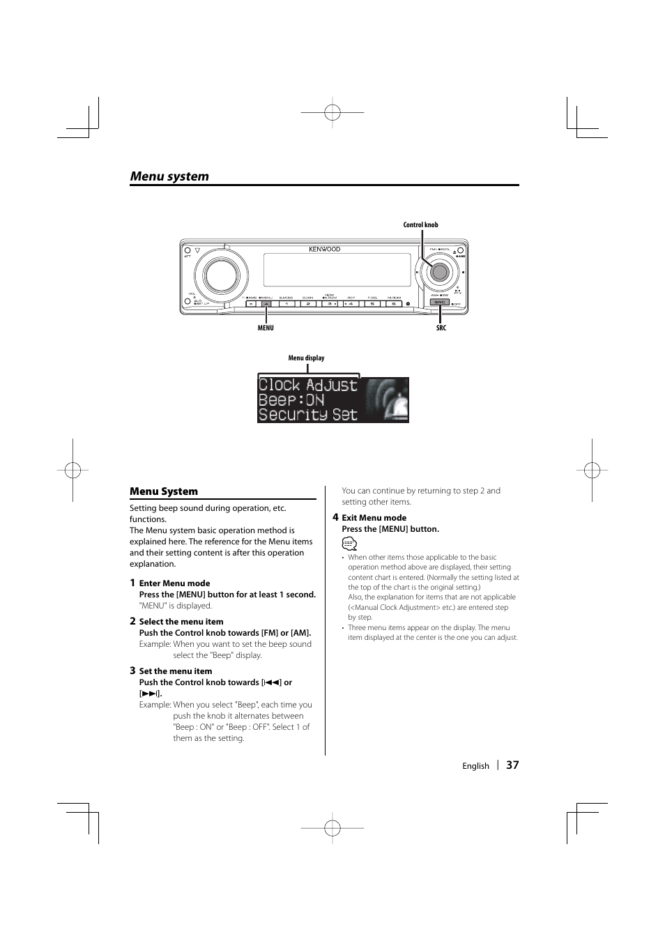 Menu system | Dolby Laboratories KDC-W8534 User Manual | Page 37 / 60