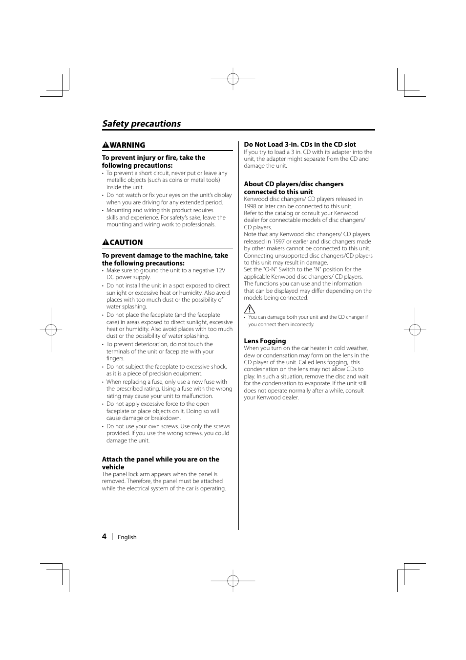 Safety precautions | Dolby Laboratories KDC-W8534 User Manual | Page 4 / 60