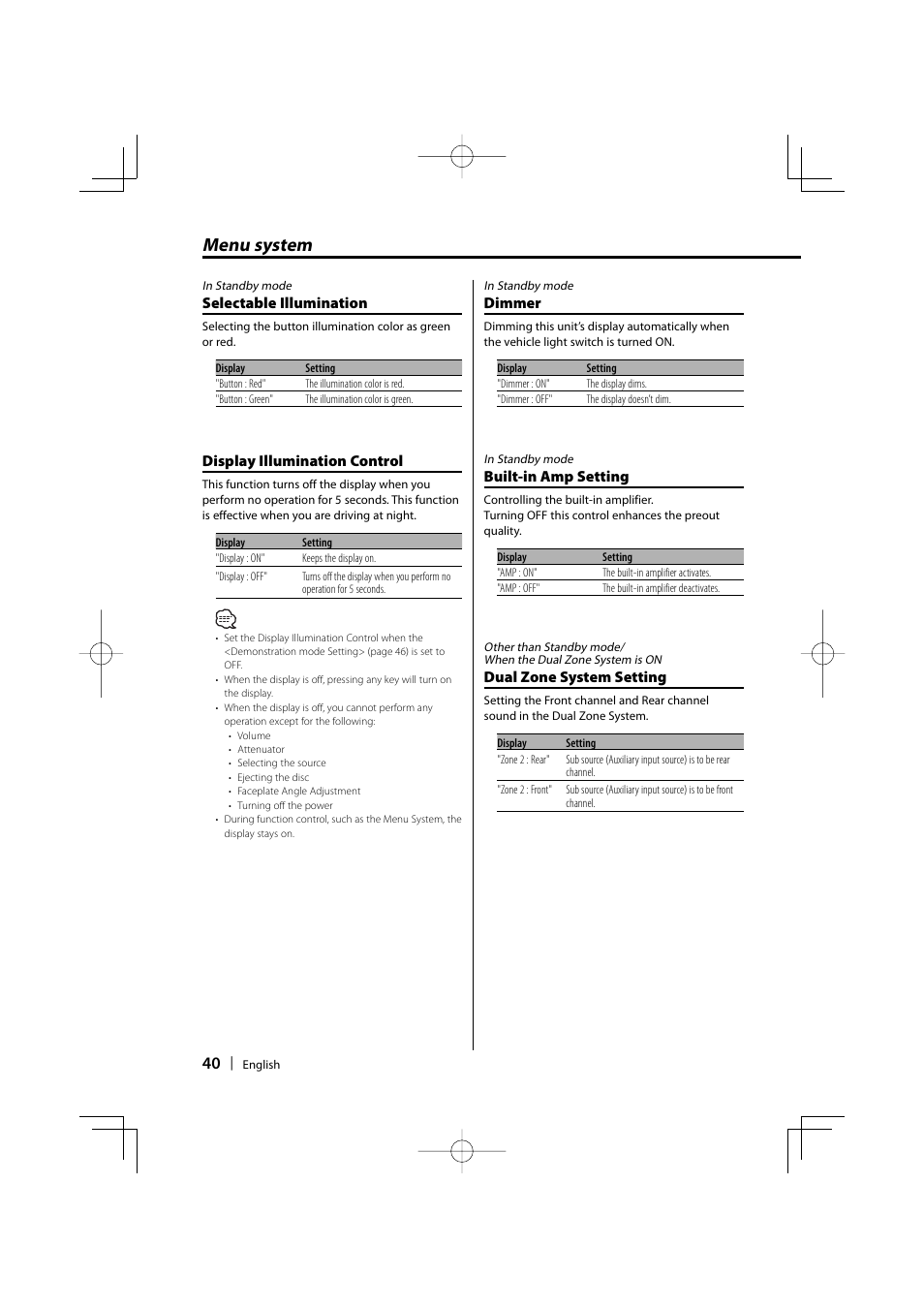 Menu system | Dolby Laboratories KDC-W8534 User Manual | Page 40 / 60