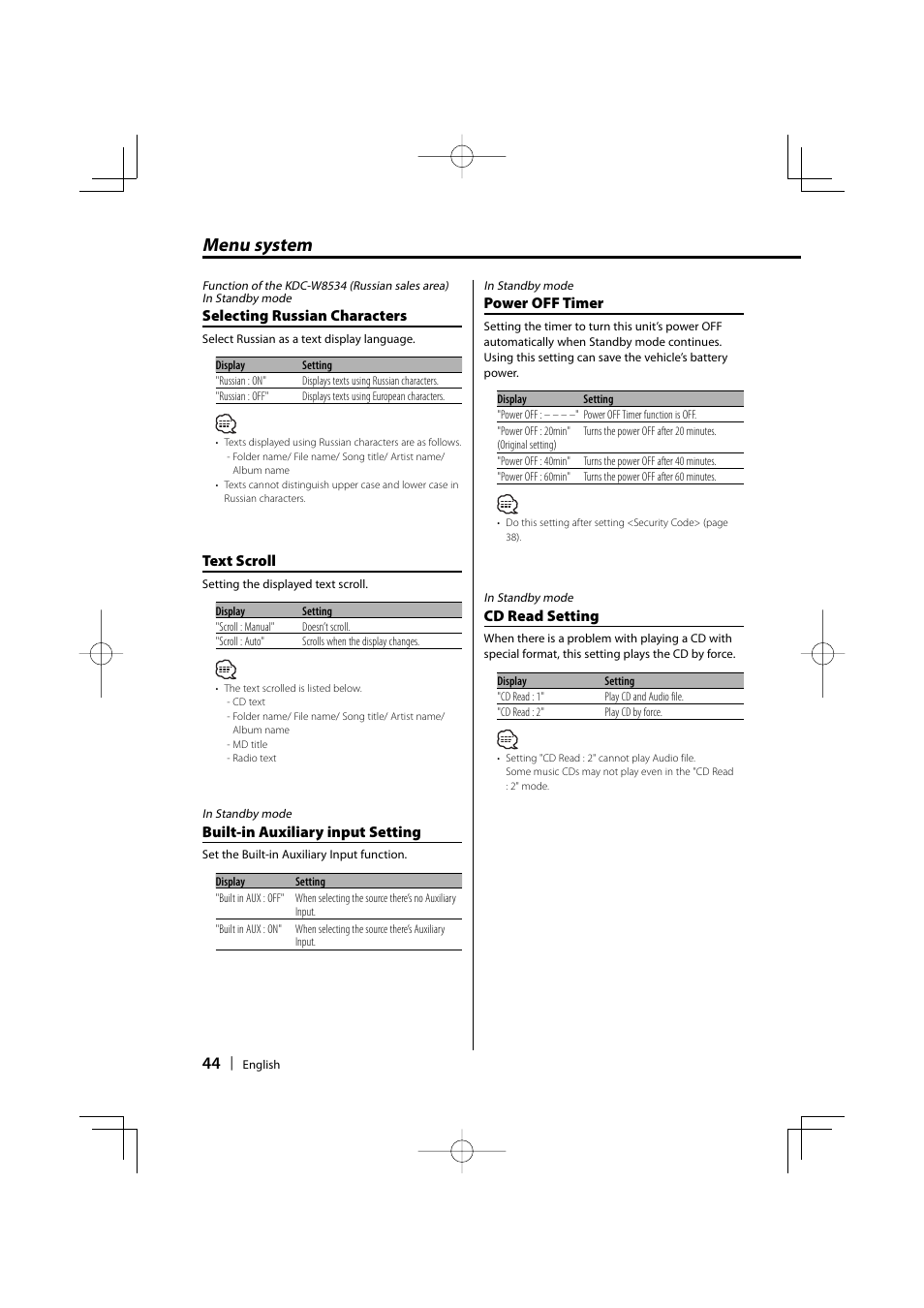 Menu system | Dolby Laboratories KDC-W8534 User Manual | Page 44 / 60