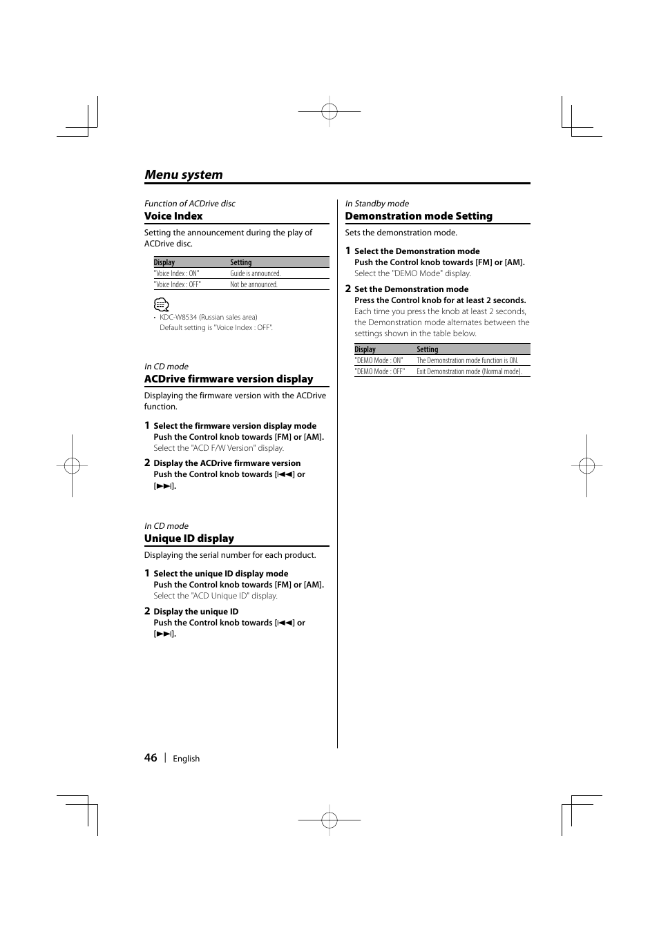 Menu system | Dolby Laboratories KDC-W8534 User Manual | Page 46 / 60