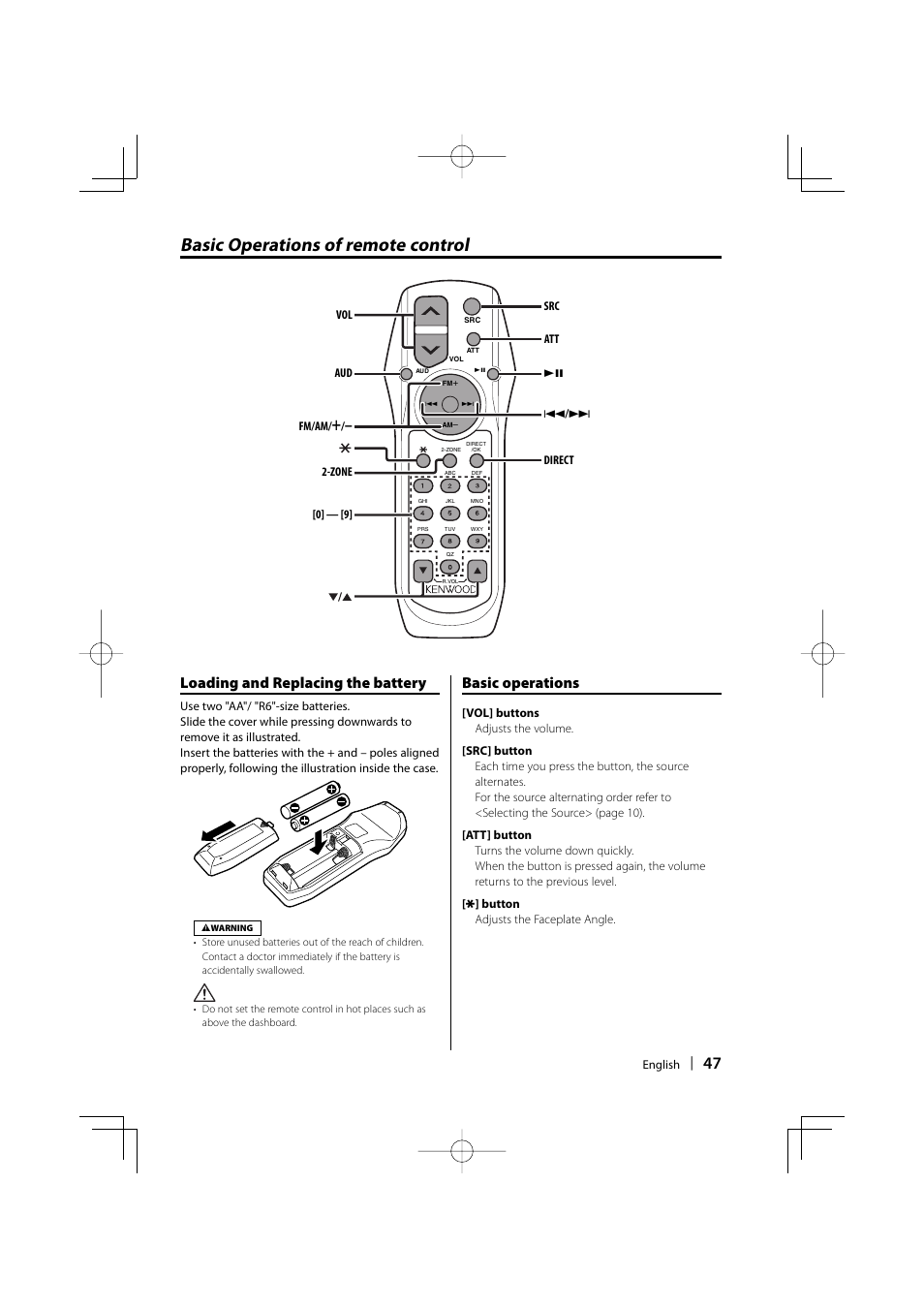 Basic operations of remote control, Loading and replacing the battery, Basic operations | Dolby Laboratories KDC-W8534 User Manual | Page 47 / 60