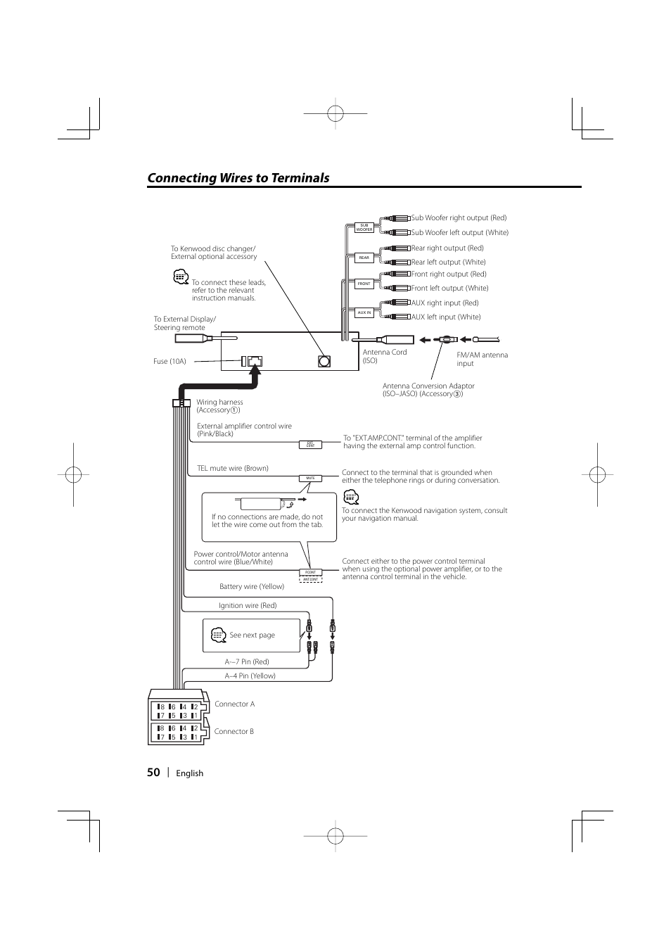 Connecting wires to terminals | Dolby Laboratories KDC-W8534 User Manual | Page 50 / 60