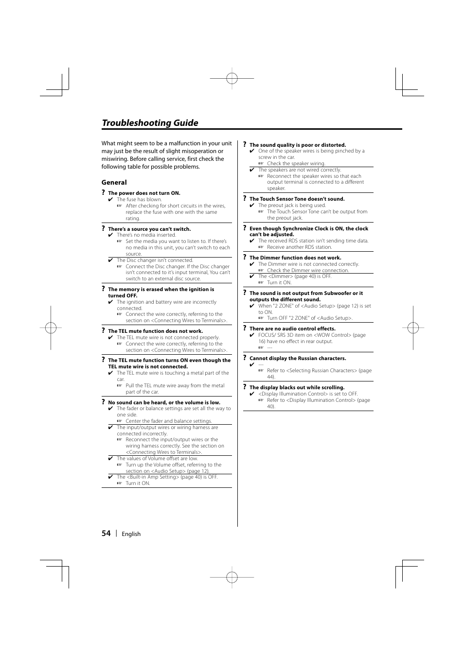 Troubleshooting guide | Dolby Laboratories KDC-W8534 User Manual | Page 54 / 60