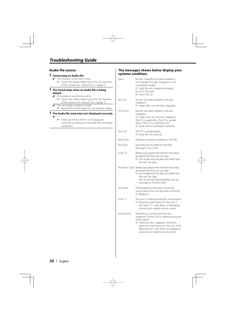 Troubleshooting guide | Dolby Laboratories KDC-W8534 User Manual | Page 56 / 60