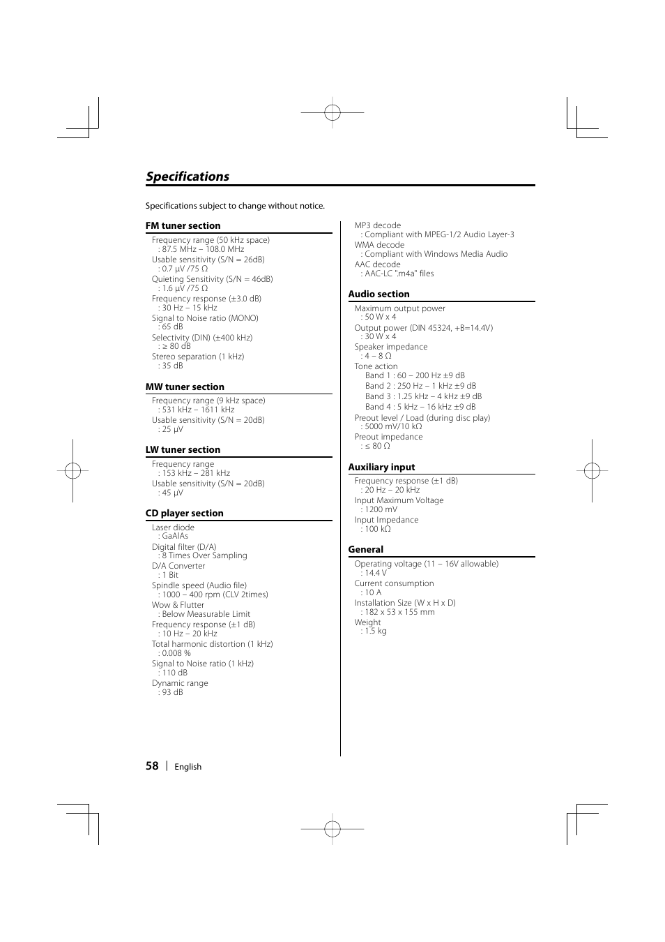 Specifications | Dolby Laboratories KDC-W8534 User Manual | Page 58 / 60