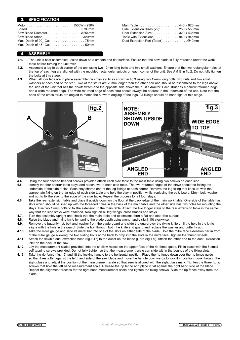 Fig.2 fig.3, Assembly 3. specification | Sealey TS10SEW User Manual | Page 3 / 6