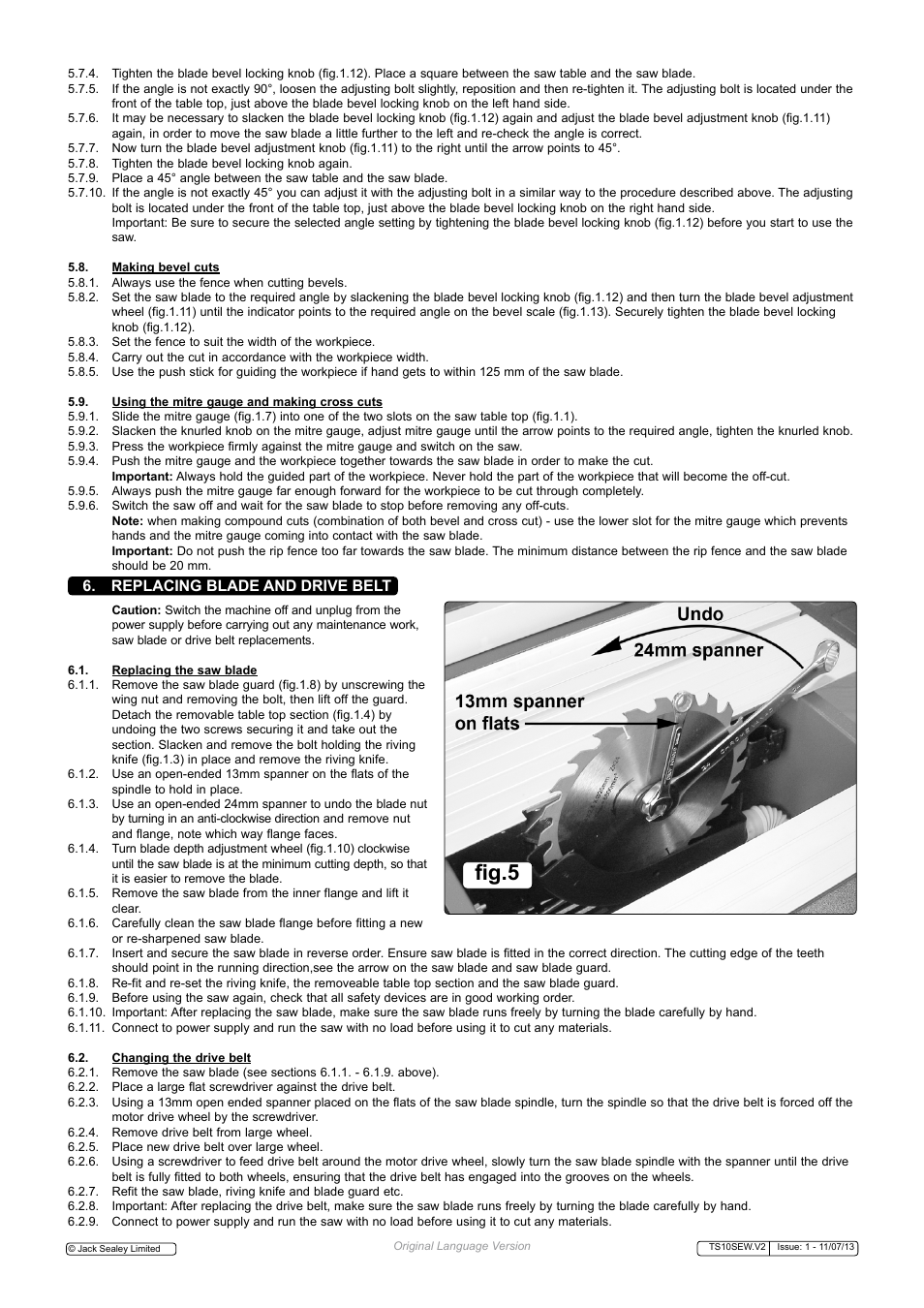 Fig.5, Replacing blade and drive belt | Sealey TS10SEW User Manual | Page 5 / 6