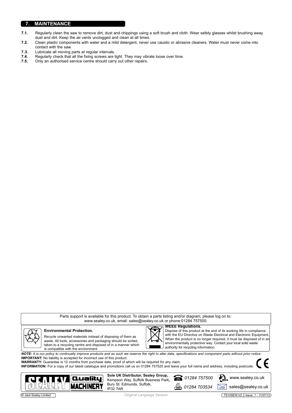 Maintenance | Sealey TS10SEW User Manual | Page 6 / 6