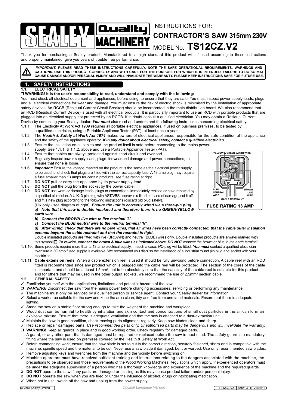 Sealey TS12CZ User Manual | 6 pages