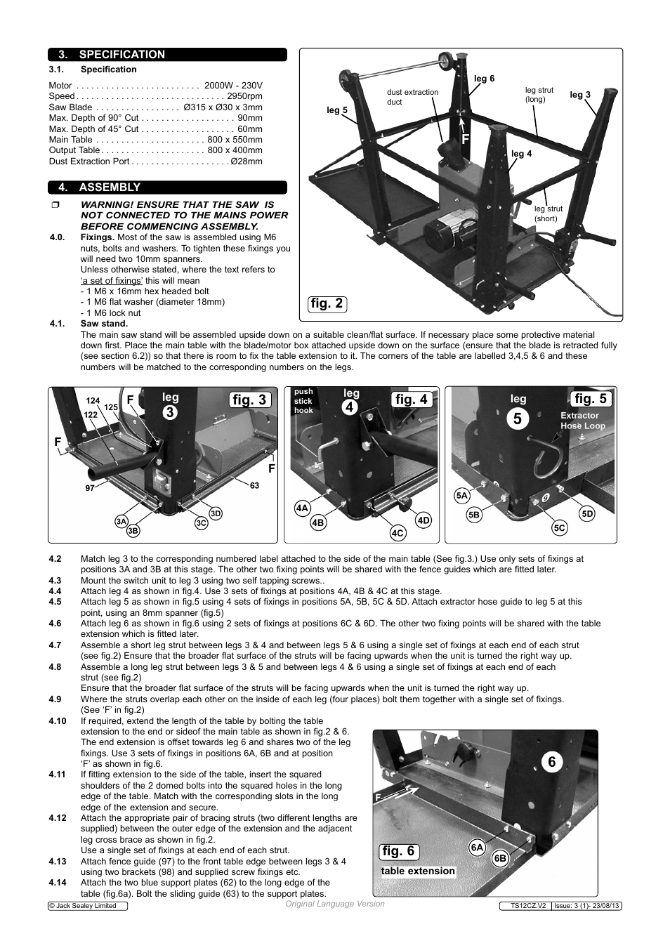 Fig. 3, Fig. 2, Fig. 4 fig. 5 | Fig. 6, Assembly, Specification | Sealey TS12CZ User Manual | Page 3 / 6