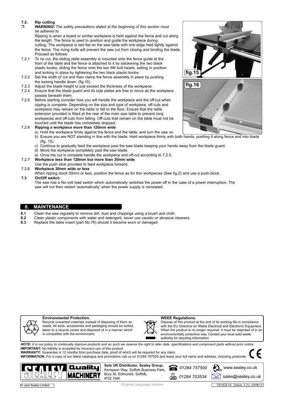 Maintenance, Fig.15 fig.16 | Sealey TS12CZ User Manual | Page 6 / 6