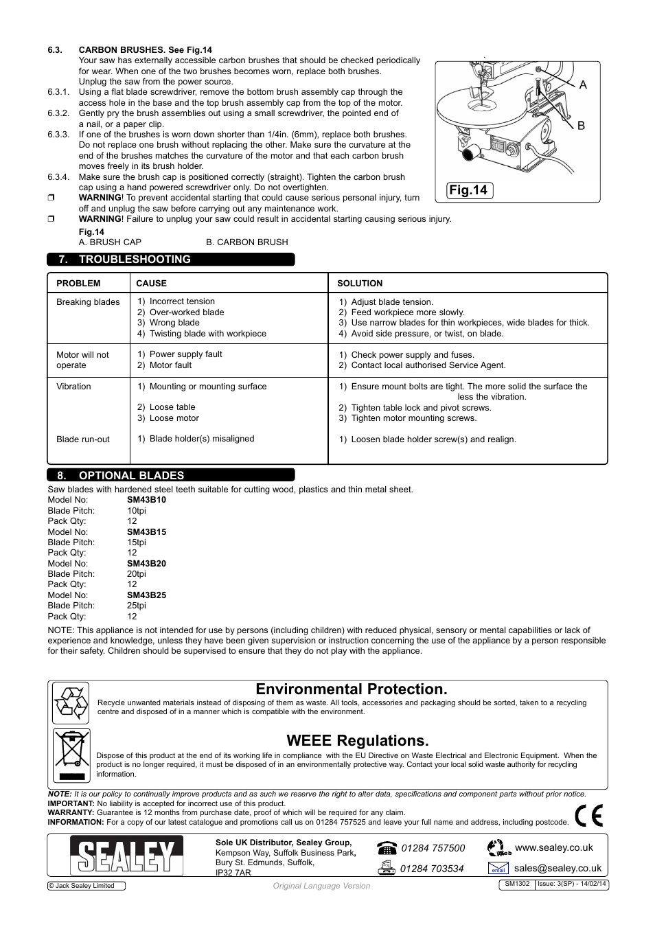 Weee regulations, Environmental protection, Fig.14 | Troubleshooting, Optional blades | Sealey SM1302 User Manual | Page 7 / 7