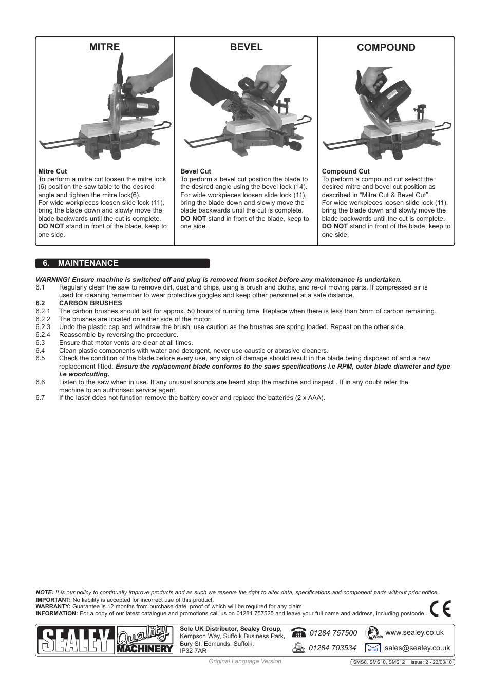 Mitre bevel compound, Maintenance | Sealey SMS10 User Manual | Page 5 / 5