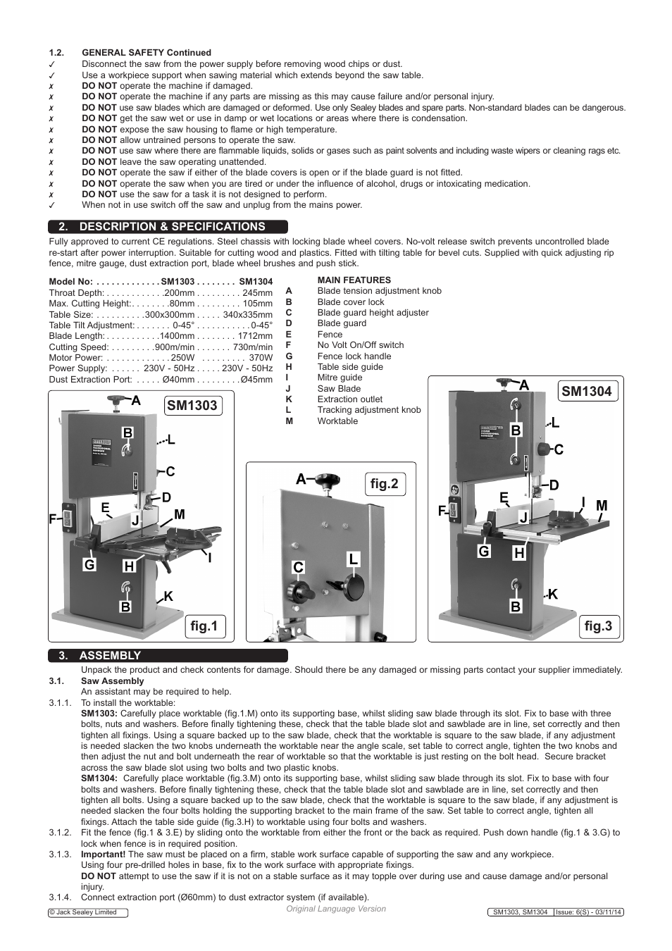 Assembly 2. description & specifications | Sealey SM1303 User Manual | Page 2 / 4