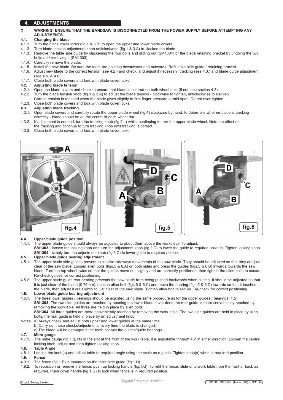 Fig.4 fig.5 fig.6, Adjustments | Sealey SM1303 User Manual | Page 3 / 4